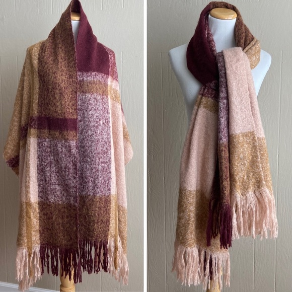 Soft Cozy Chunky Knit Boho Plaid Print Fringe Trim Oversized Scarf Wrap - Picture 1 of 13